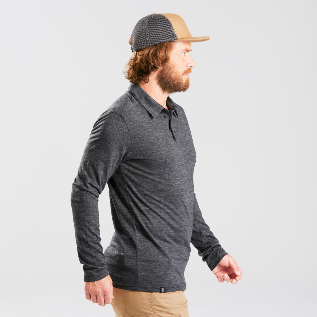 Men’s Long-sleeved Travel Trekking Merino Wool Polo Shirt - TRAVEL 500 Grey