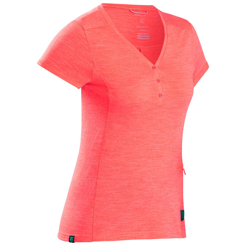 T-shirt de trek voyage - manches courtes - laine mérinos TRAVEL 500 corail Femme