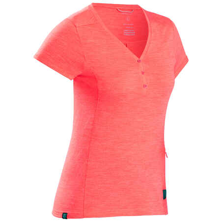 Women's Travel Trekking Merino Wool Short-Sleeved T-Shirt Travel 500 - coral