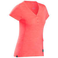Women's Travel Trekking Merino Wool Short-Sleeved T-Shirt Travel 500 - coral