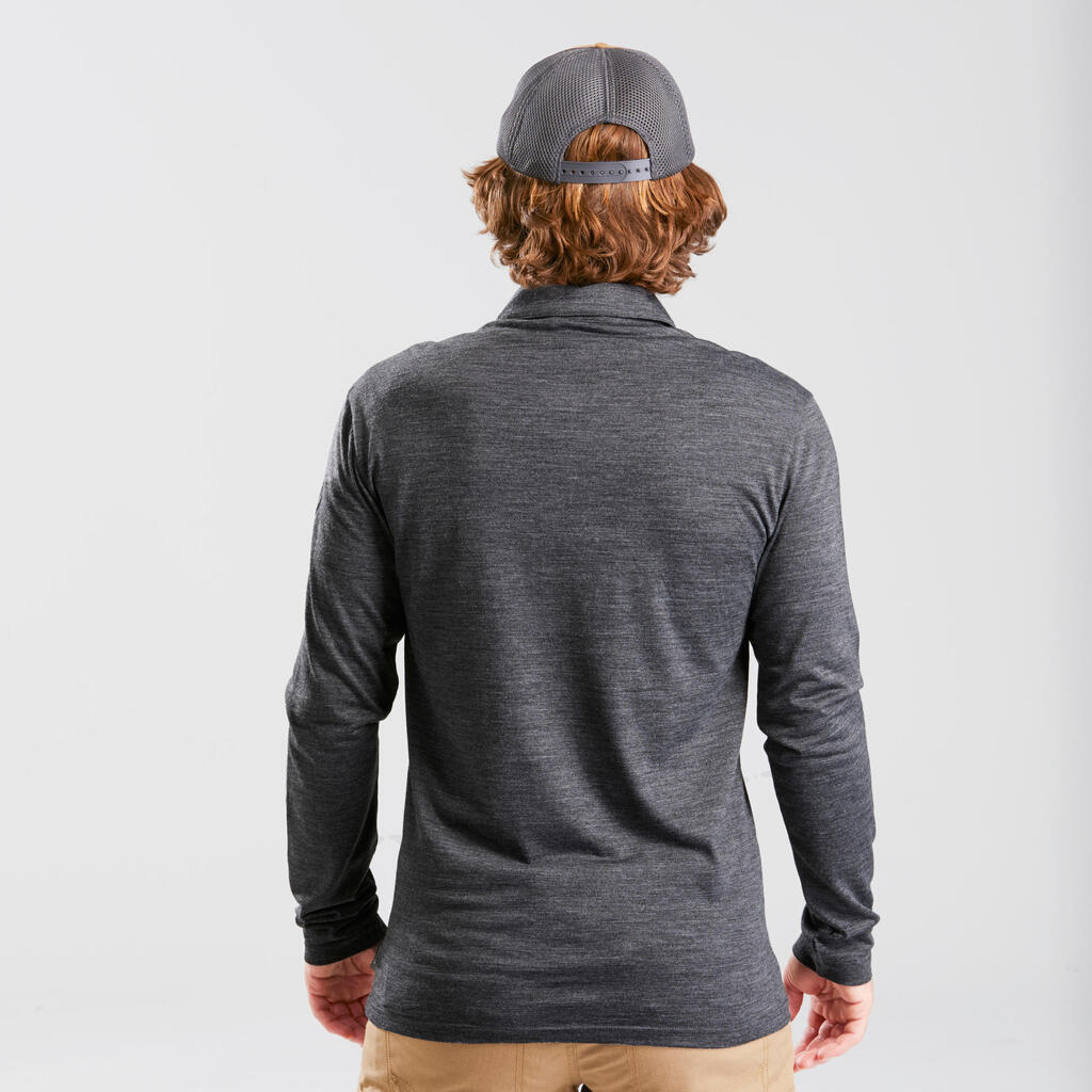 Men’s Long-sleeved Travel Trekking Merino Wool Polo Shirt - TRAVEL 500 Grey