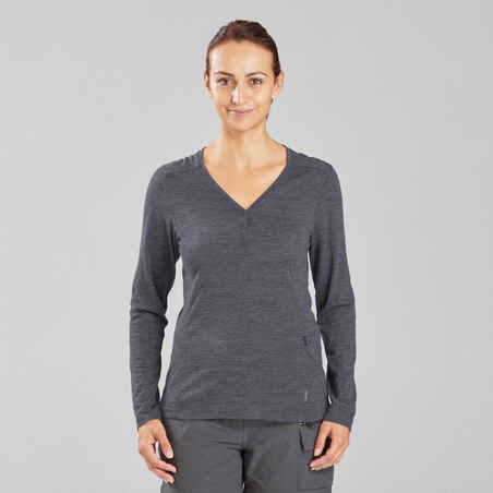 Women's Travel Trekking Merino Wool T-Shirt - TRAVEL 500 Navy