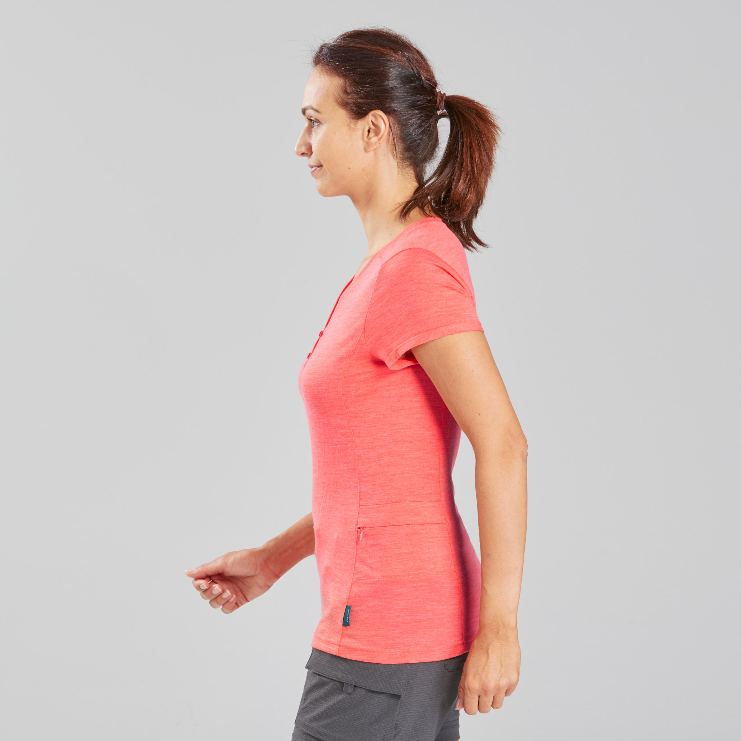 Women's Travel Trekking Merino Wool Short-Sleeved T-Shirt Travel 500 - coral 4/11
