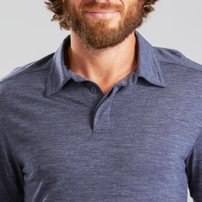 Men's Merino wool trekking travel polo shirt TRAVEL 500 blue