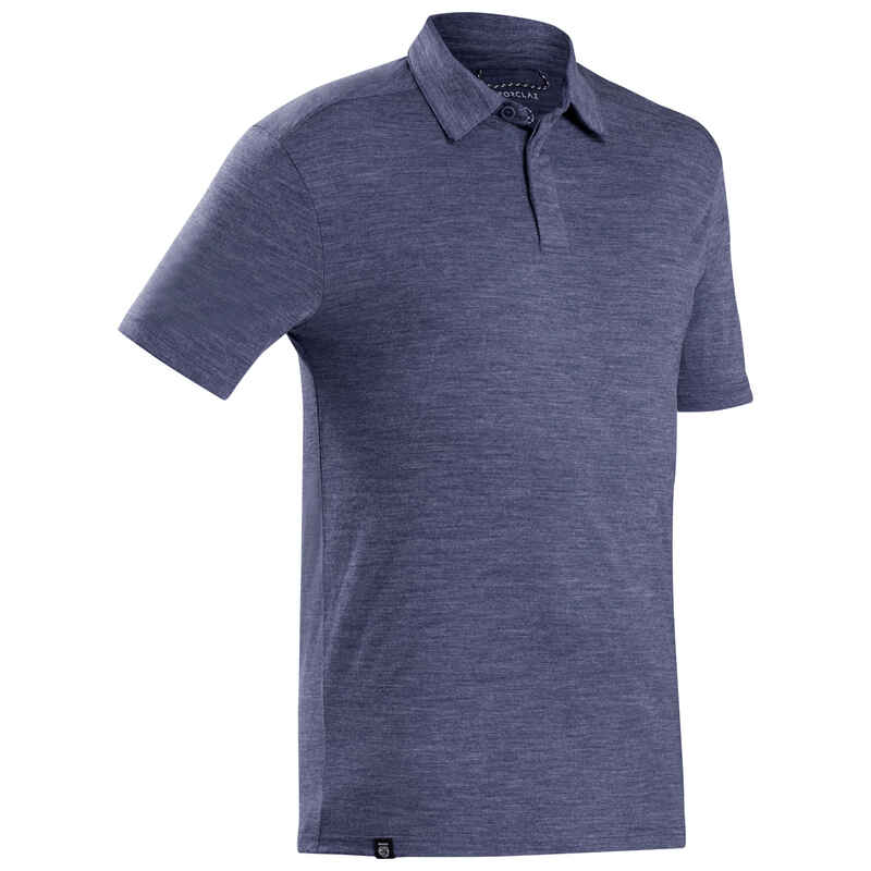 Men's Merino wool trekking travel polo shirt TRAVEL 500 blue