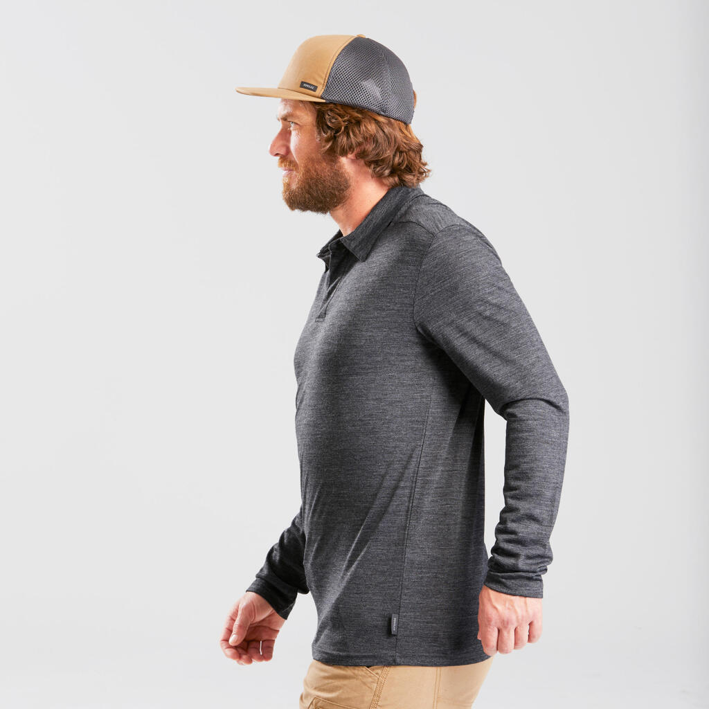 Men’s Long-sleeved Travel Trekking Merino Wool Polo Shirt - TRAVEL 500 Grey