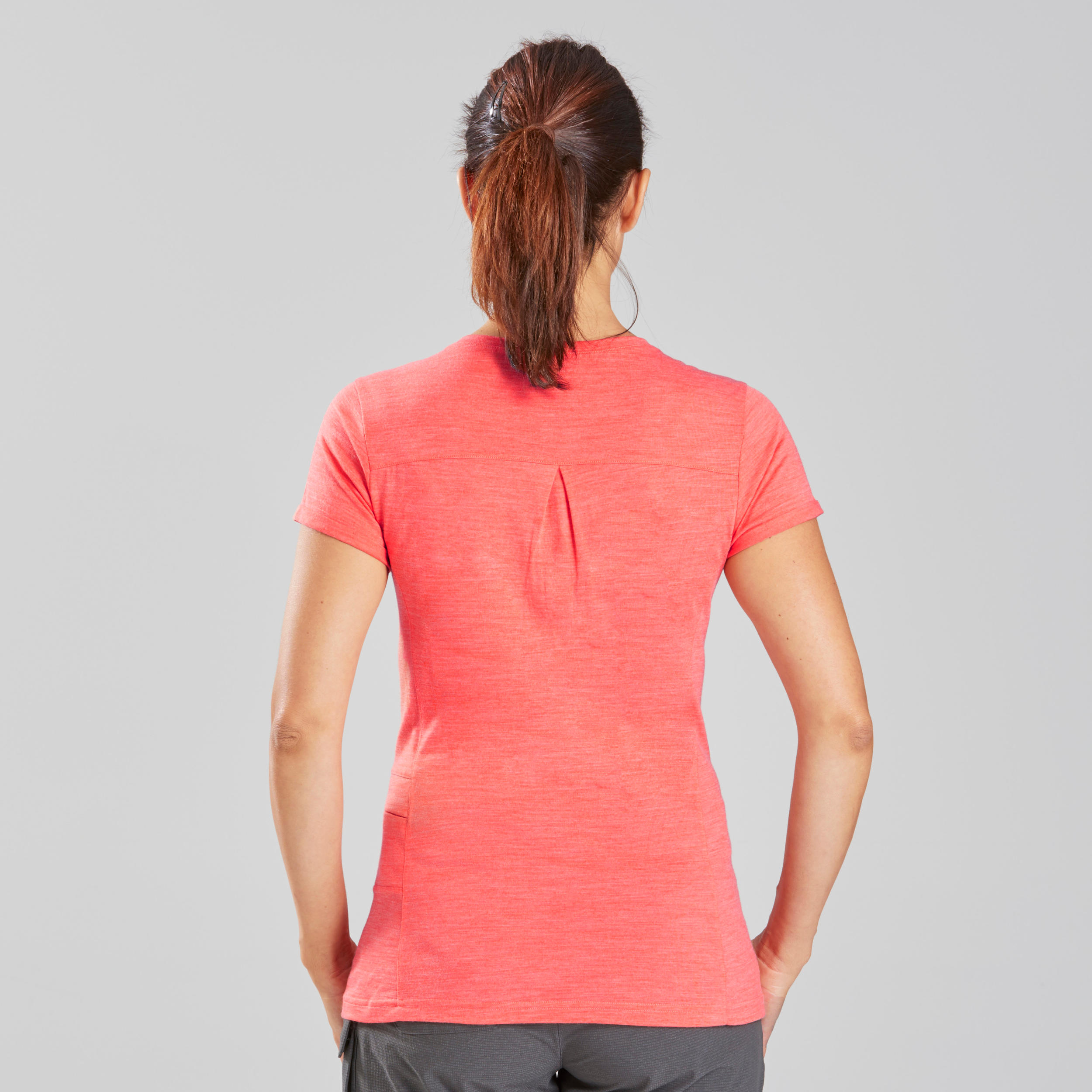 Women's Travel Trekking Merino Wool Short-Sleeved T-Shirt Travel 500 - coral 3/11