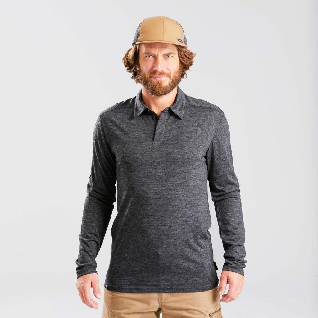 Men’s Long-sleeved Travel Trekking Merino Wool Polo Shirt - TRAVEL 500 Grey