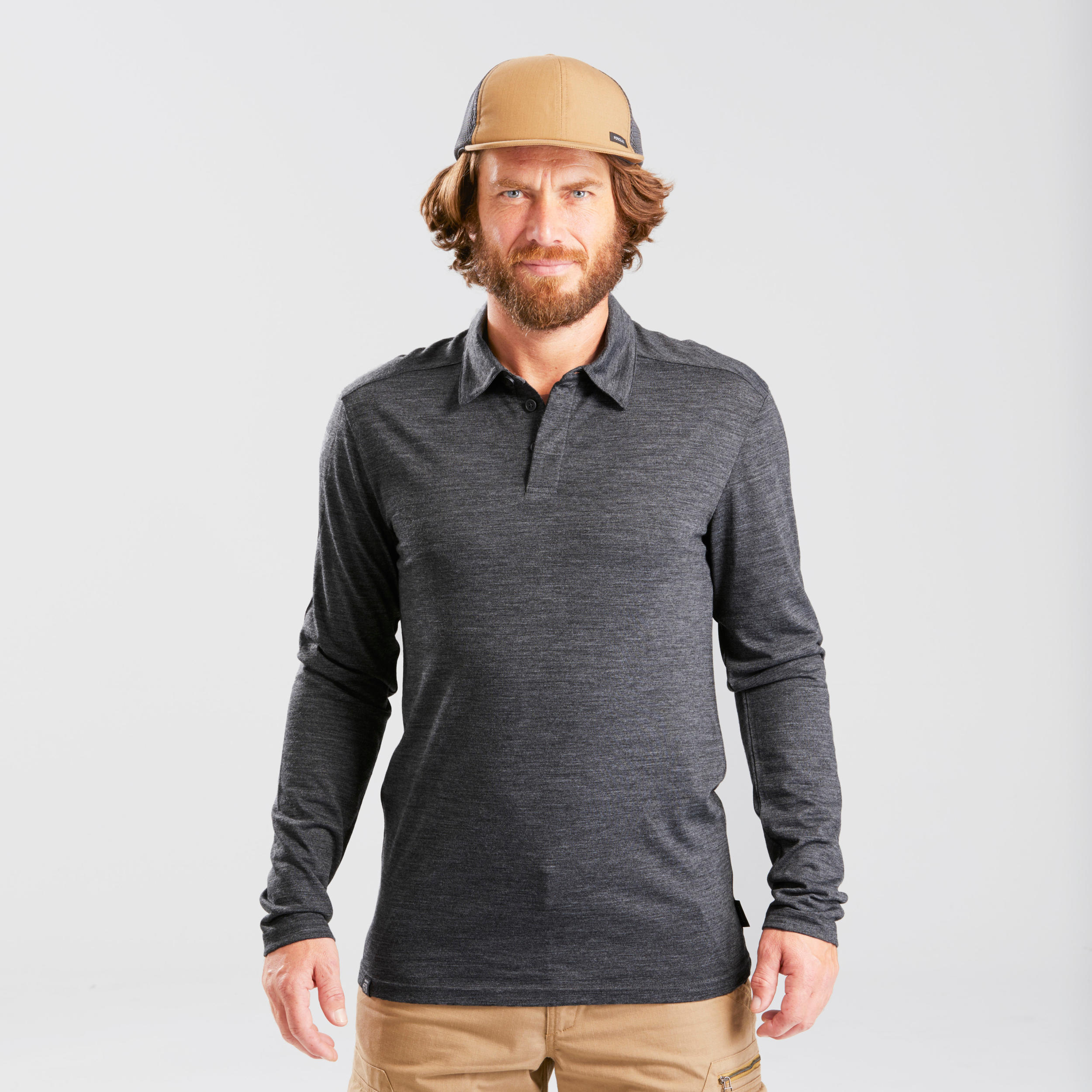 Men’s Long-sleeved Travel Trekking Merino Wool Polo Shirt - TRAVEL 500 Grey 2/10