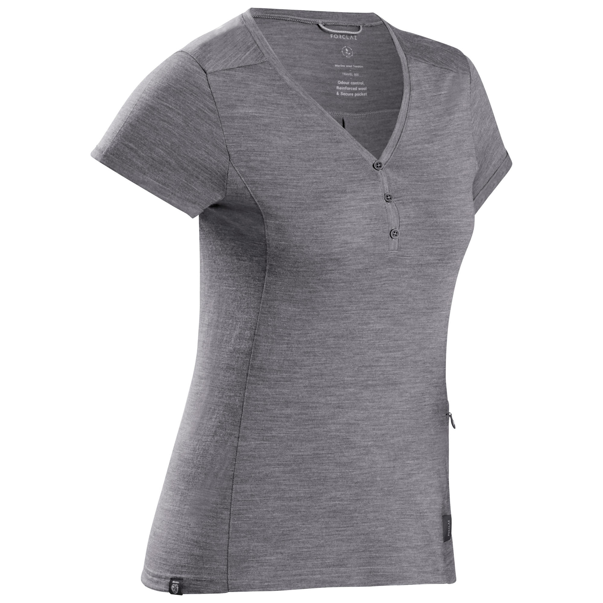 Women's Trekking Merino Wool TShirt Travel 500 Grey forclaz