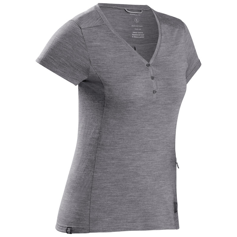 Camiseta de trekking y montaña manga corta lana merina Mujer Travel 500 gris