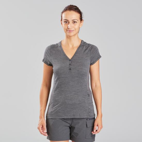 Camiseta de montaña y trekking lana merina Mujer Forclaz Travel 500 gris