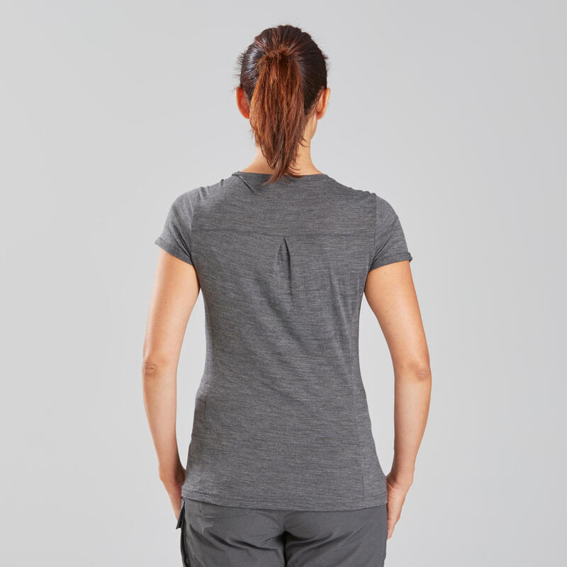 T-shirt laine mérinos de trek voyage - TRAVEL 500 gris femme