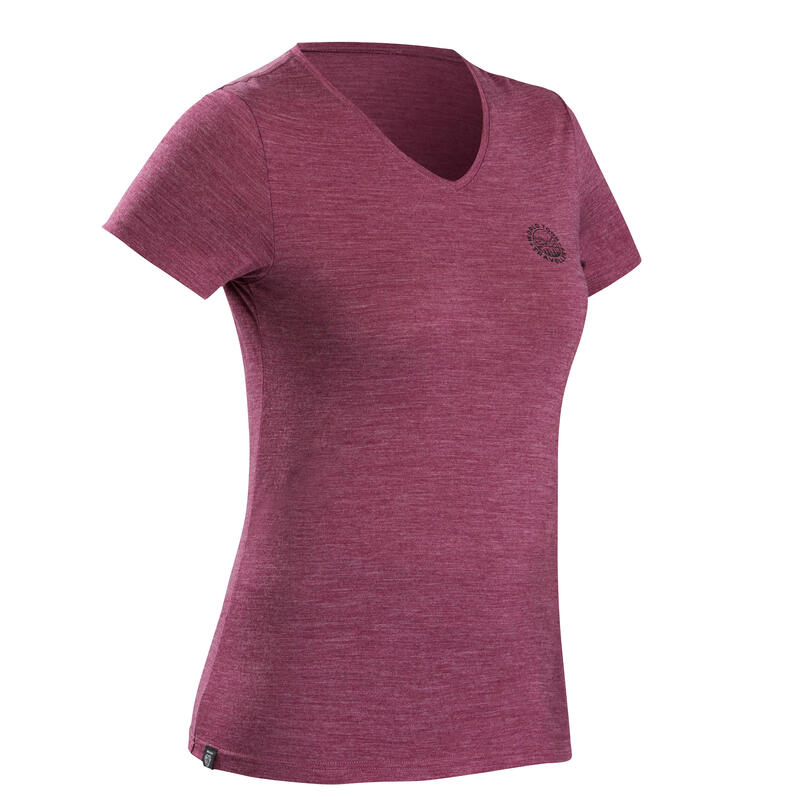 T-shirt de trek voyage - manches courtes - laine mérinos TRAVEL 100 violet Femme