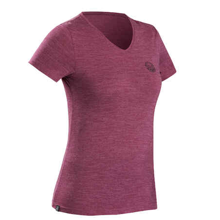 Women's Short-Sleeved Merino Wool Trekking Travel T-Shirt - TRAVEL 500 Purple