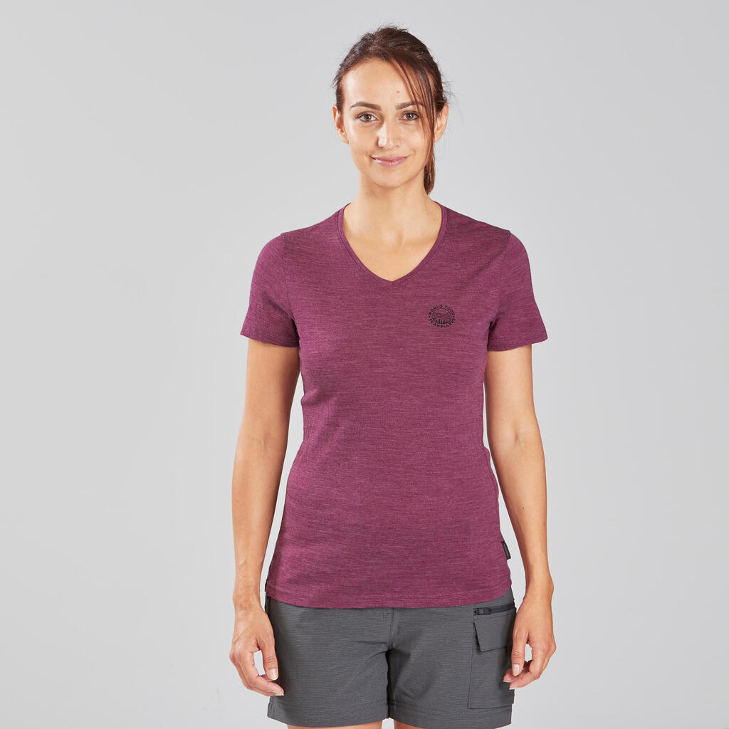 T-shirt de trek voyage manches courtes laine mérinos Femme - TRAVEL 500