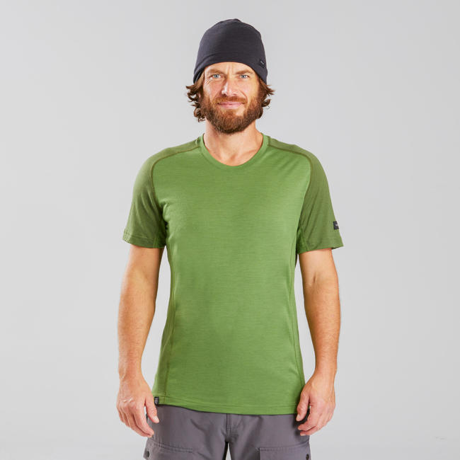 Men's Mountain Trekking Short-Sleeved T-Shirt Trek 500 Merino - green