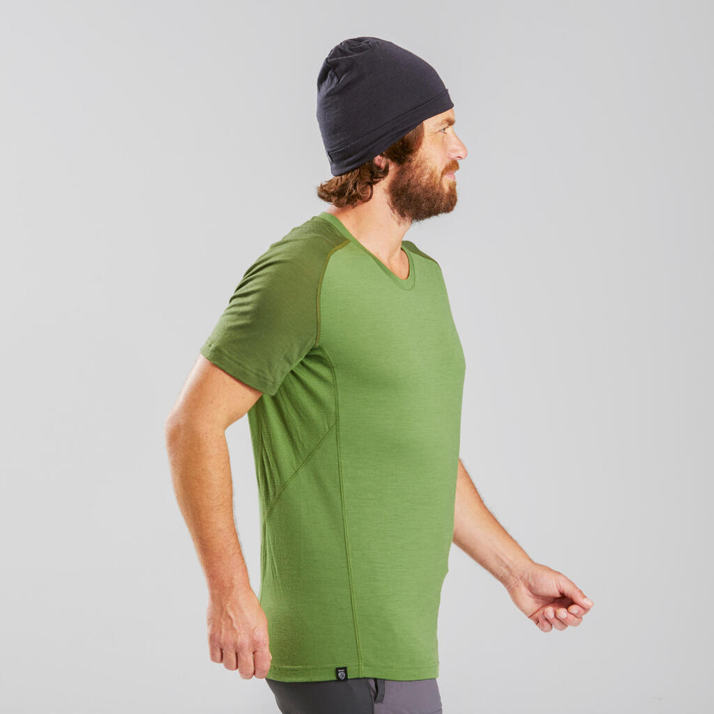 Men's Mountain Trekking Short-Sleeved T-Shirt Trek 500 Merino - green