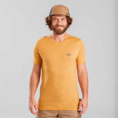 Men’s short-sleeved Merino wool hiking travel t-shirt - TRAVEL 500 yellow