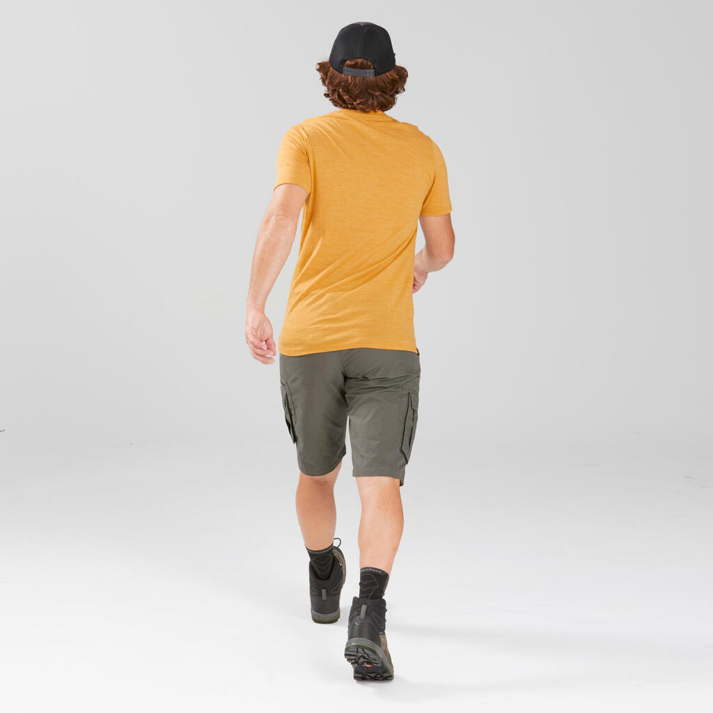 Men’s short-sleeved Merino wool hiking travel t-shirt - TRAVEL 500 khaki