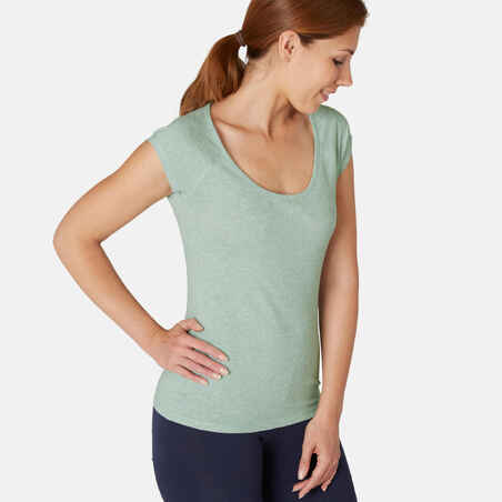 T-Shirt Gym Ringan & Pilates Slim-Fit Wanita 500 - Hijau