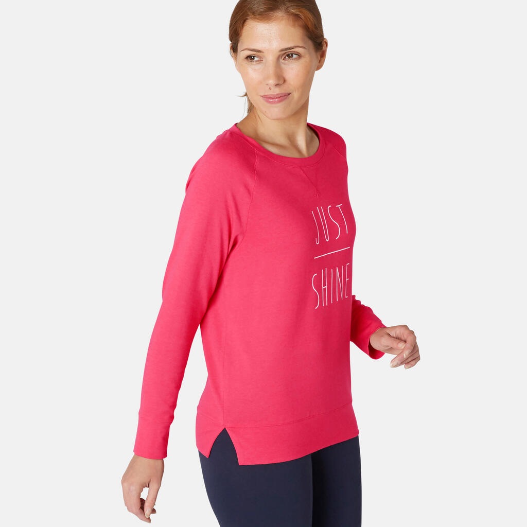 Langarmshirt 500 Fitness Baumwolle Rundhals Damen grüngrau 