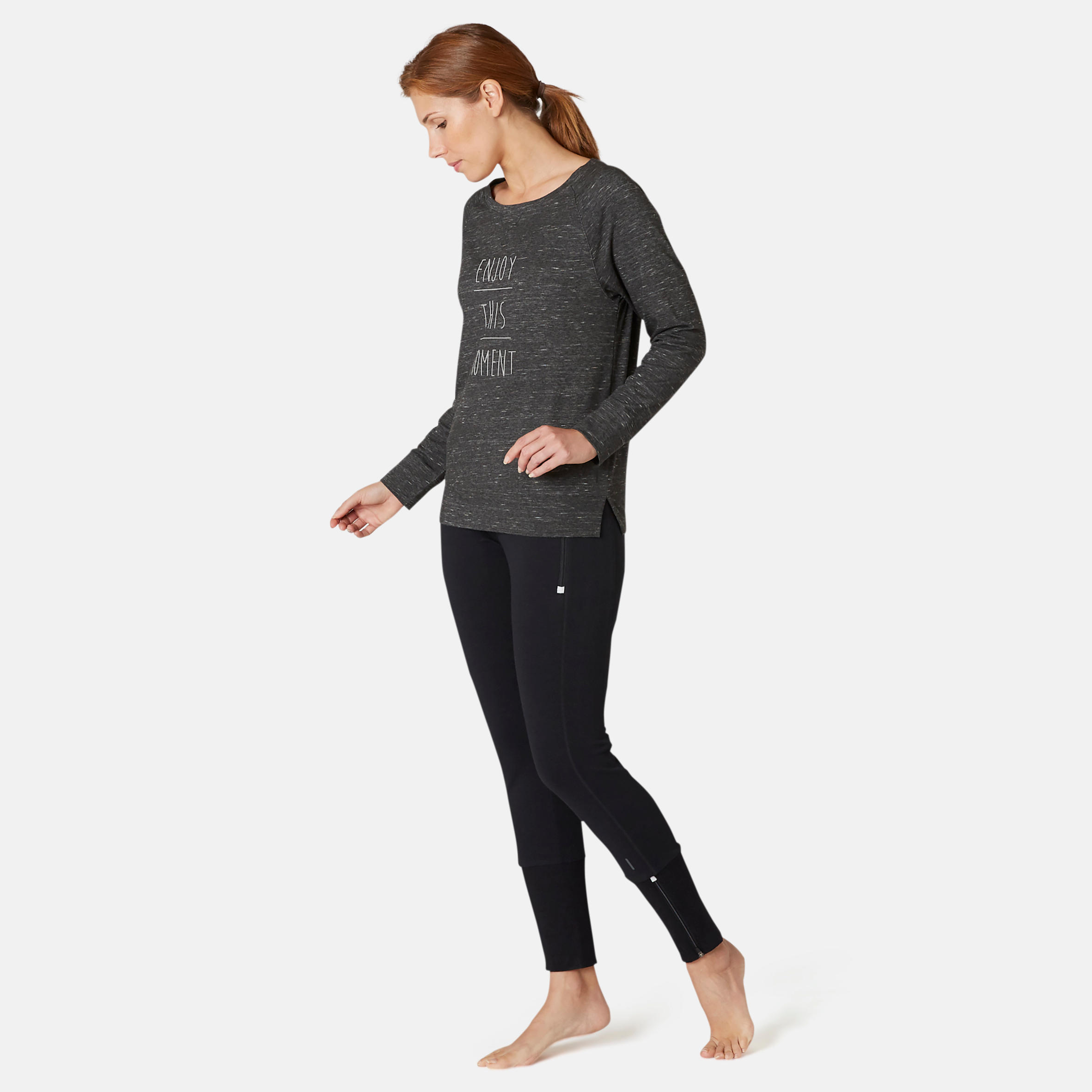 Women's Pilates & Gentle Gym Long-Sleeved Regular-Fit T-Shirt 500 - Grey Print 3/7