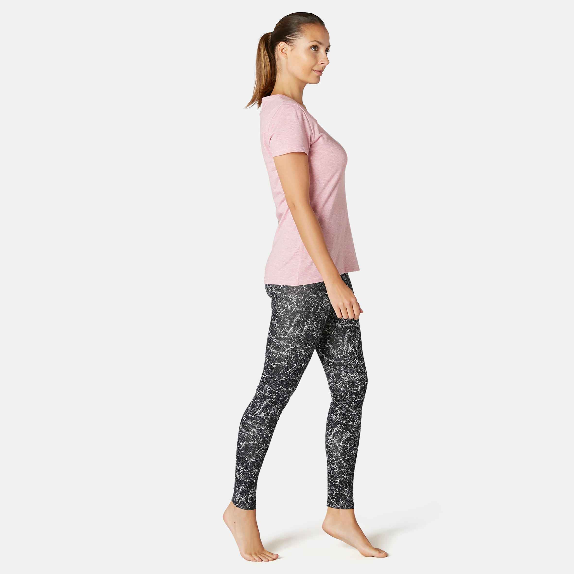Women's stretch cotton sports leggings, grey and white 3/8