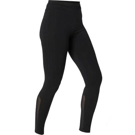 Stretchy High-Waisted Cotton Fitness Leggings with Mesh - Black