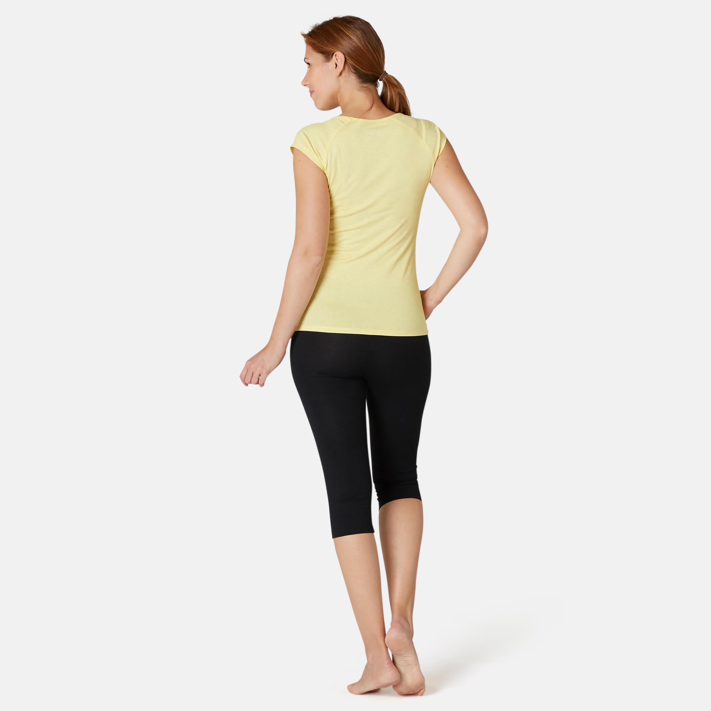 Women's Slim-Fit Pilates & Gentle Gym Sport T-Shirt 500 - Yellow 5/8
