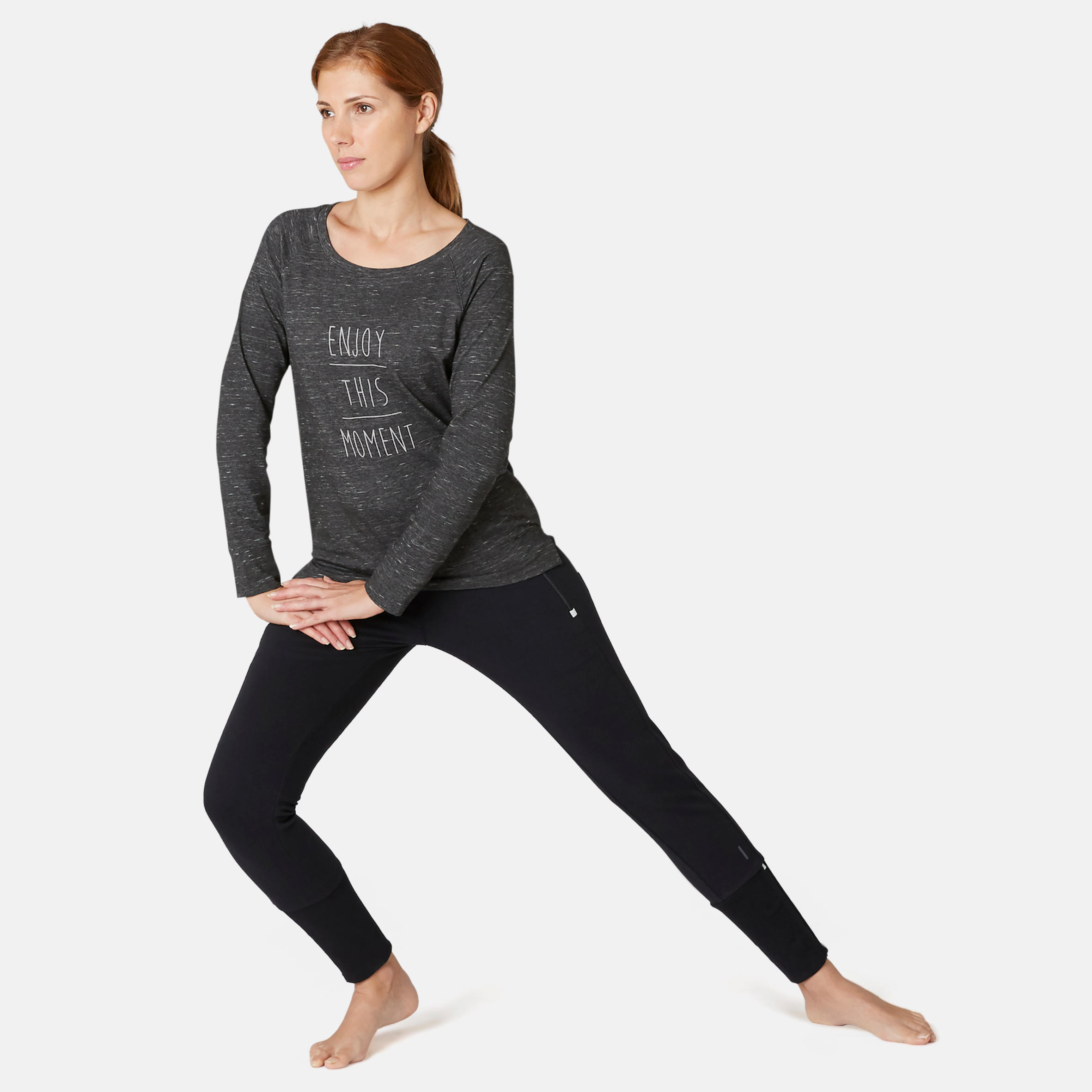 Women's Pilates & Gentle Gym Long-Sleeved Regular-Fit T-Shirt 500 - Grey Print 4/7