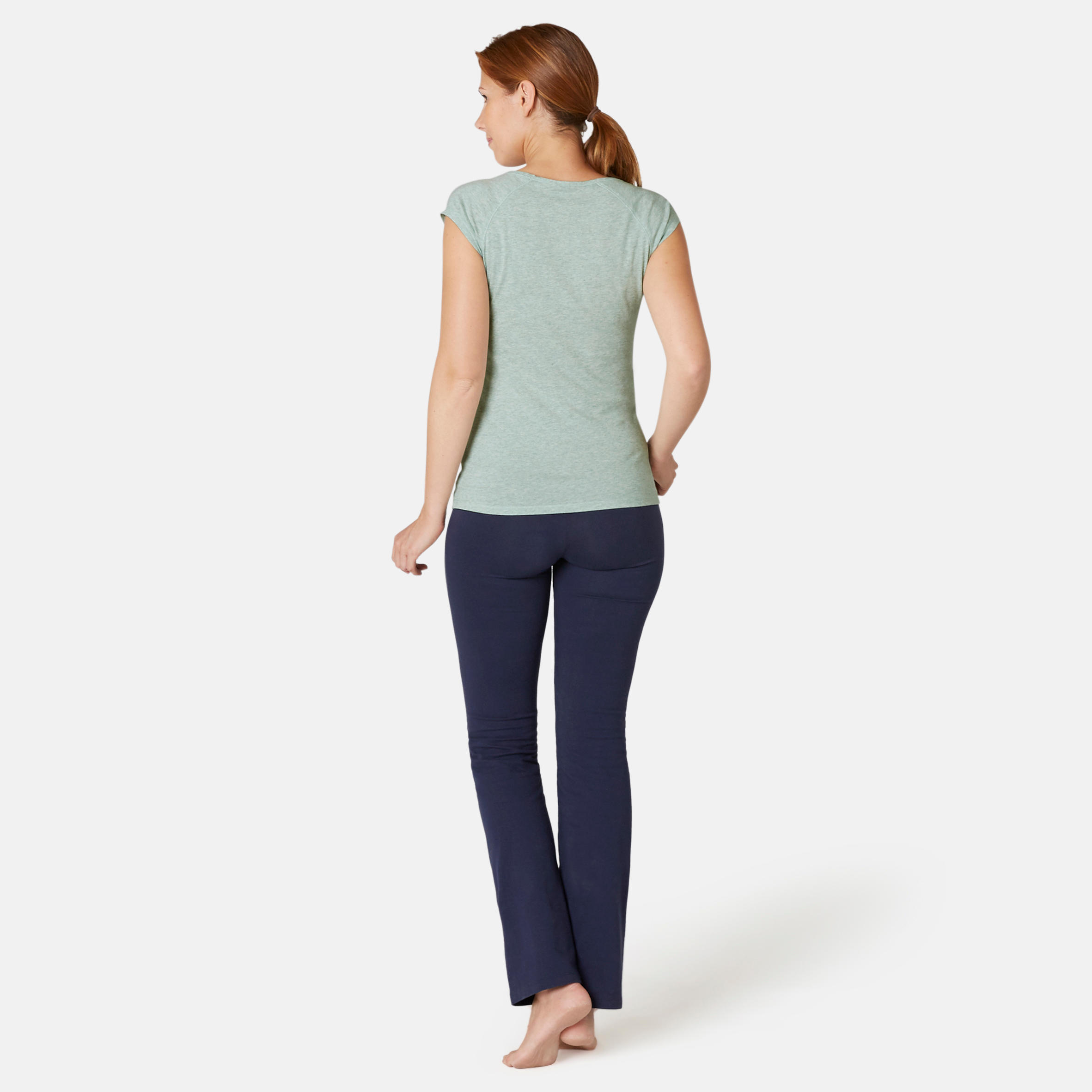 Women's Slim-Fit Pilates & Gentle Gym Sport T-Shirt 500 - Green 5/9