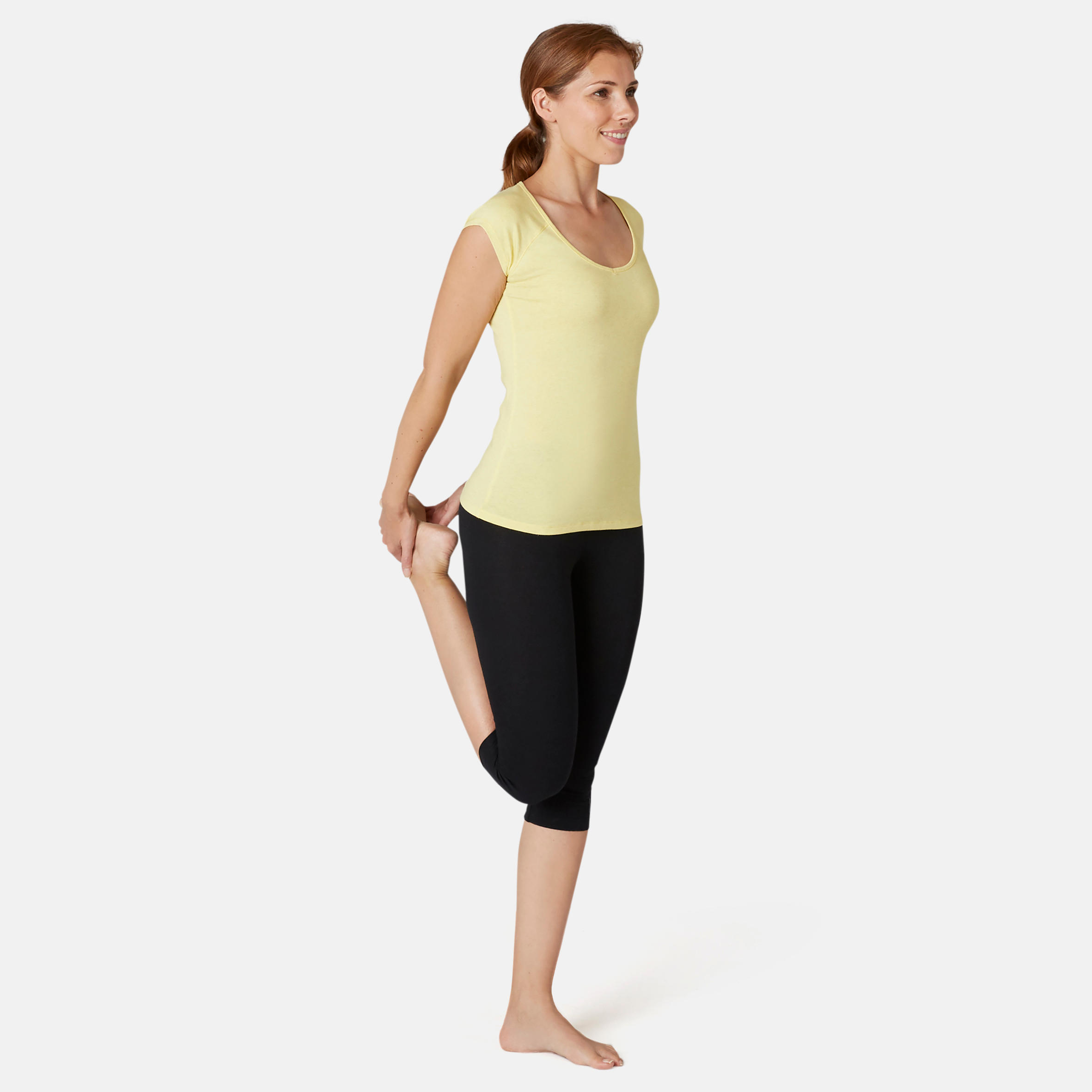 Women's Slim-Fit Pilates & Gentle Gym Sport T-Shirt 500 - Yellow 4/8