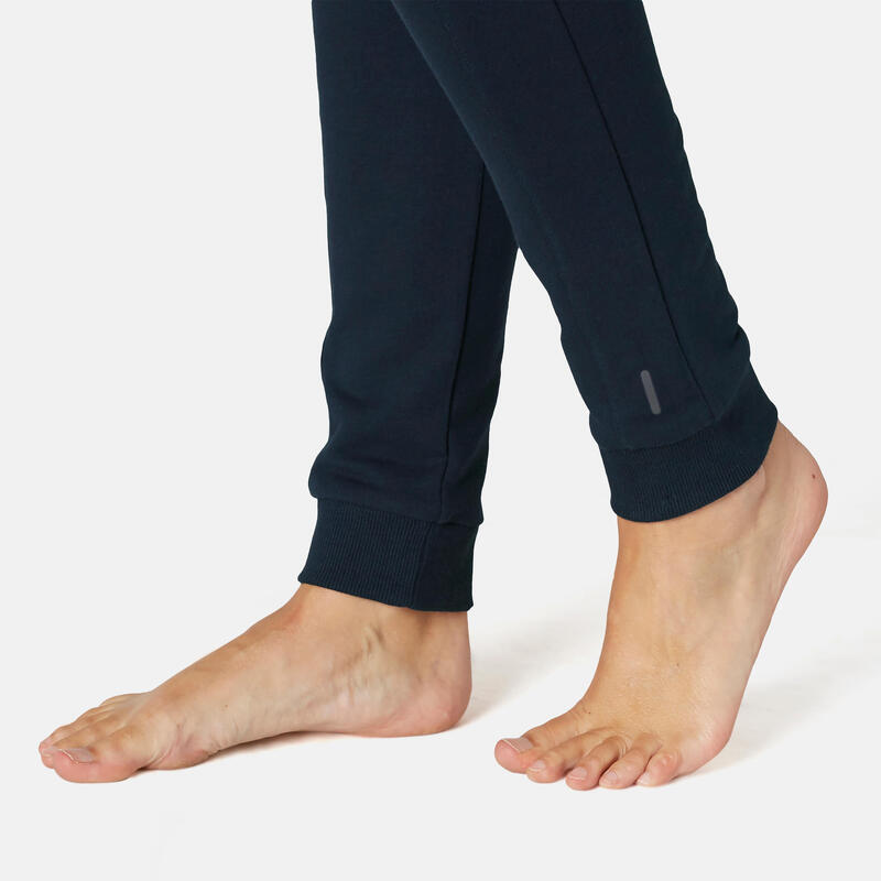 Pantaloni donna fitness 510 slim misto cotone felpati tasche con zip blu