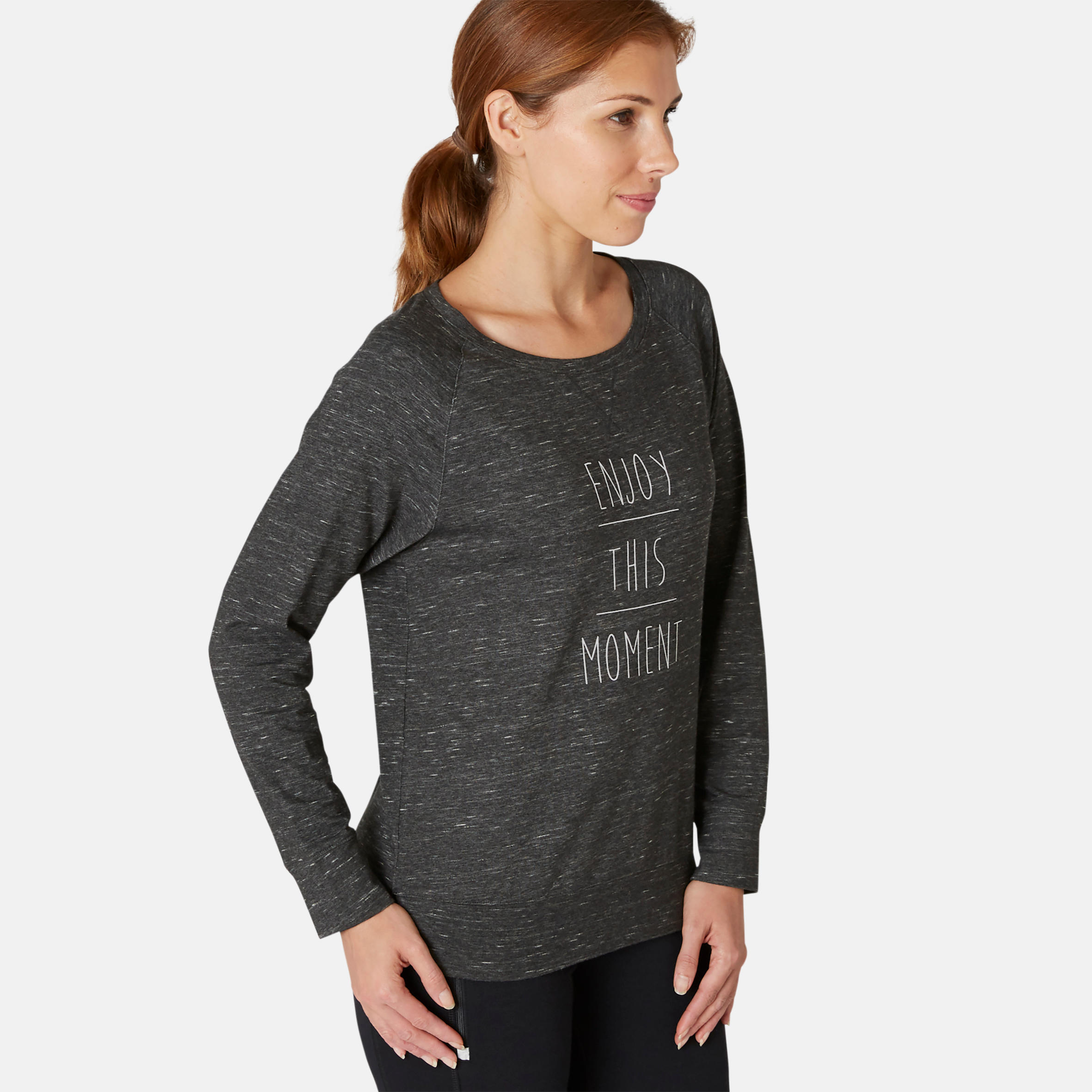 Women's Pilates & Gentle Gym Long-Sleeved Regular-Fit T-Shirt 500 - Grey Print 2/7
