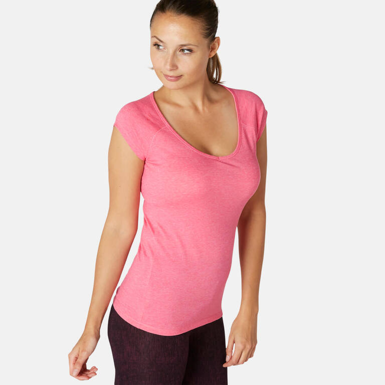 Women's Slim-Fit Pilates & Gentle Gym Sport T-Shirt 500 - Pink