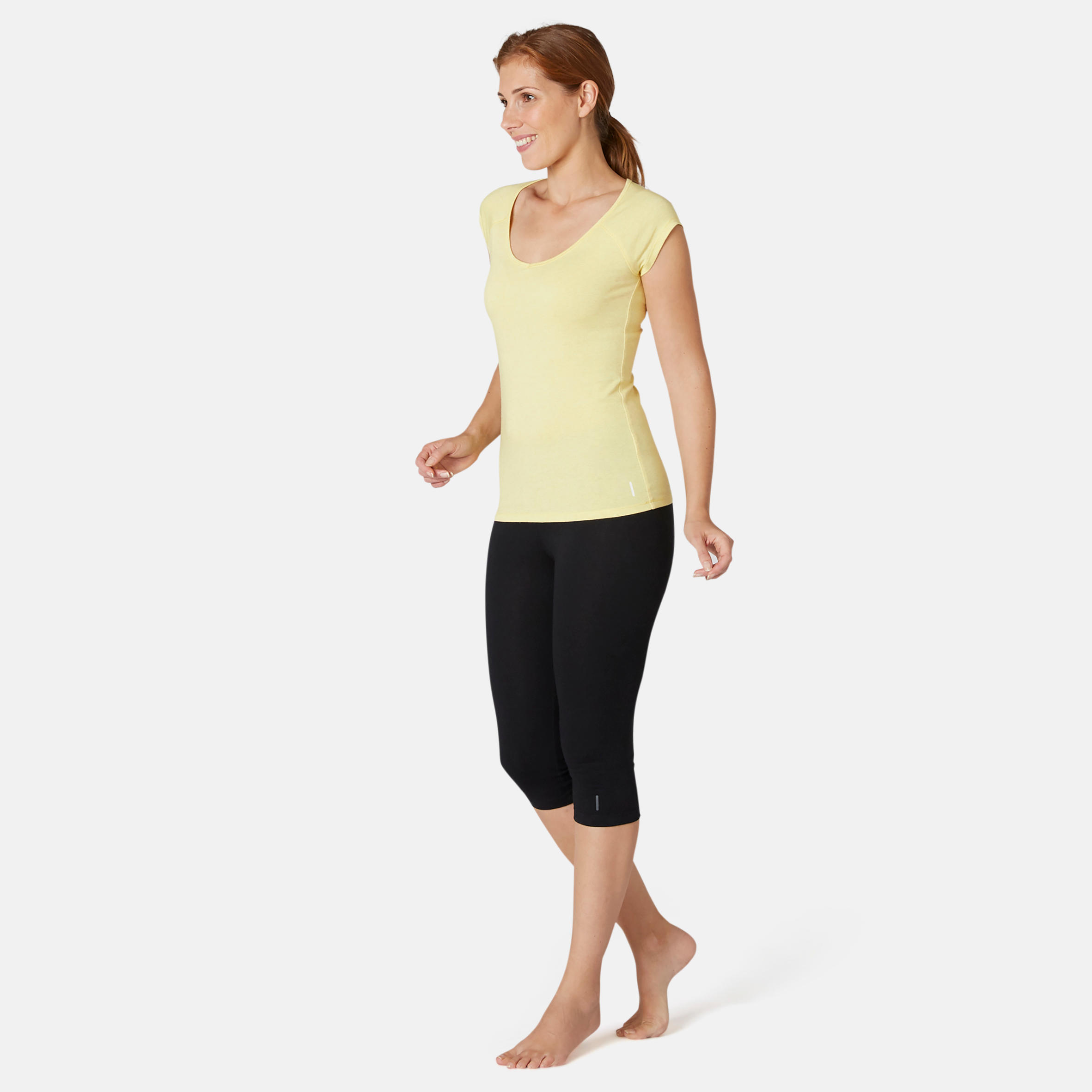 Women's Slim-Fit Pilates & Gentle Gym Sport T-Shirt 500 - Yellow 3/8