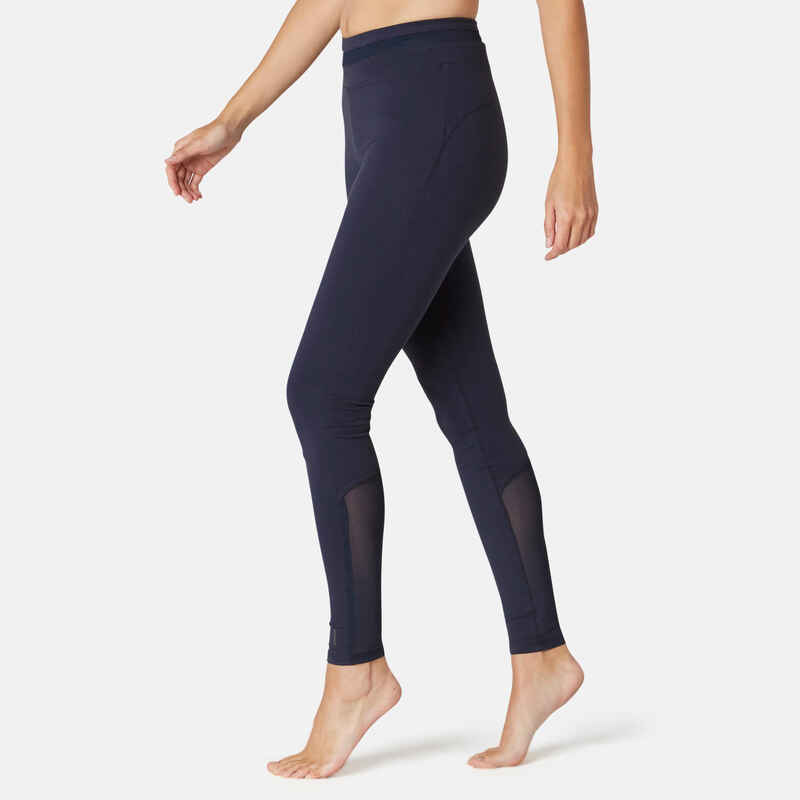 Stretchy High-Waisted Cotton Fitness Leggings with Mesh - Navy Blue