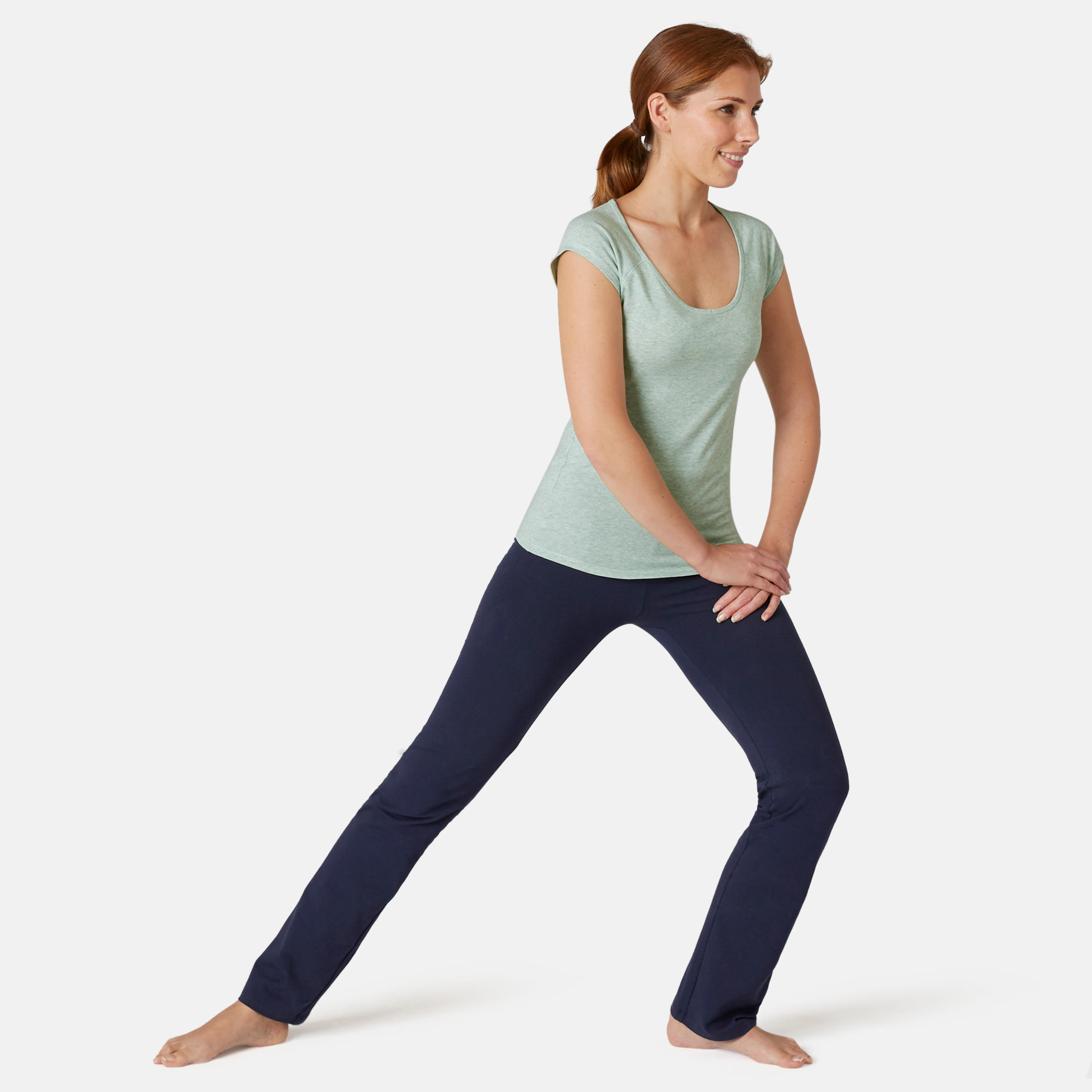 Women's Slim-Fit Pilates & Gentle Gym Sport T-Shirt 500 - Green 4/9