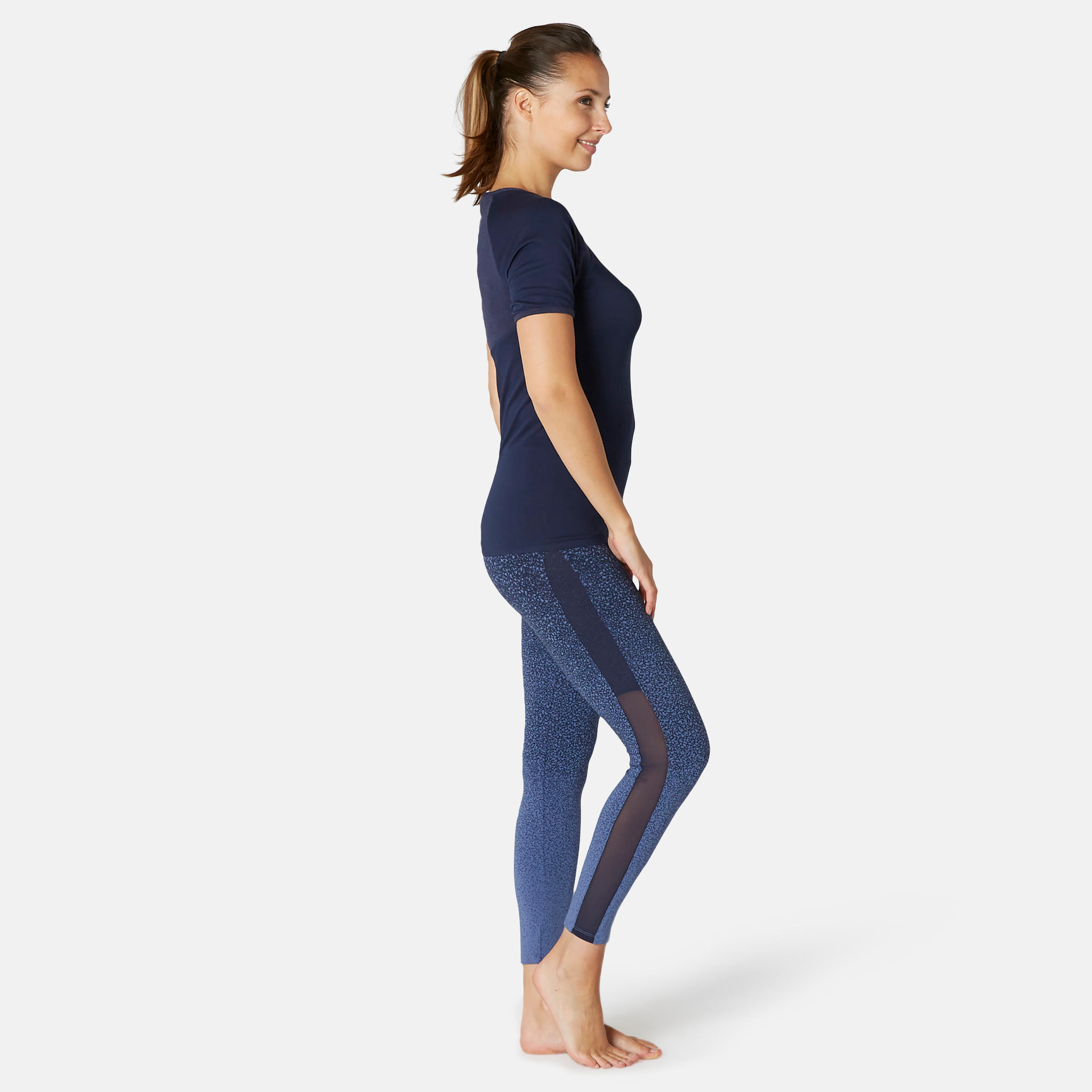 Women's Slim-Fit Pilates \u0026 Gentle Gym Sport Leggings 520 - Blue Print -  Decathlon