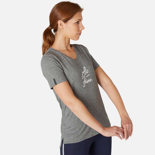 Women's Gym TShirt Stretch Regular Fit 500 Grey Print