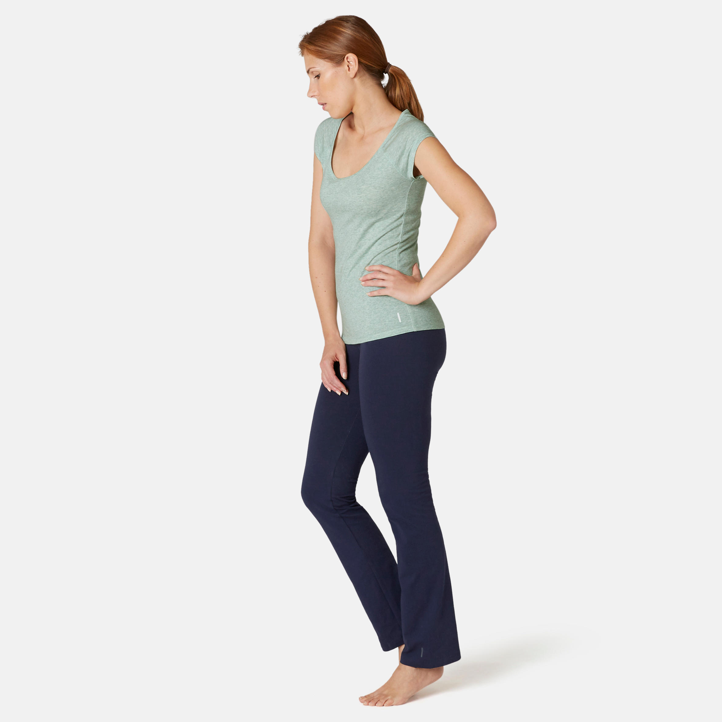 Women's Slim-Fit Pilates & Gentle Gym Sport T-Shirt 500 - Green 3/9