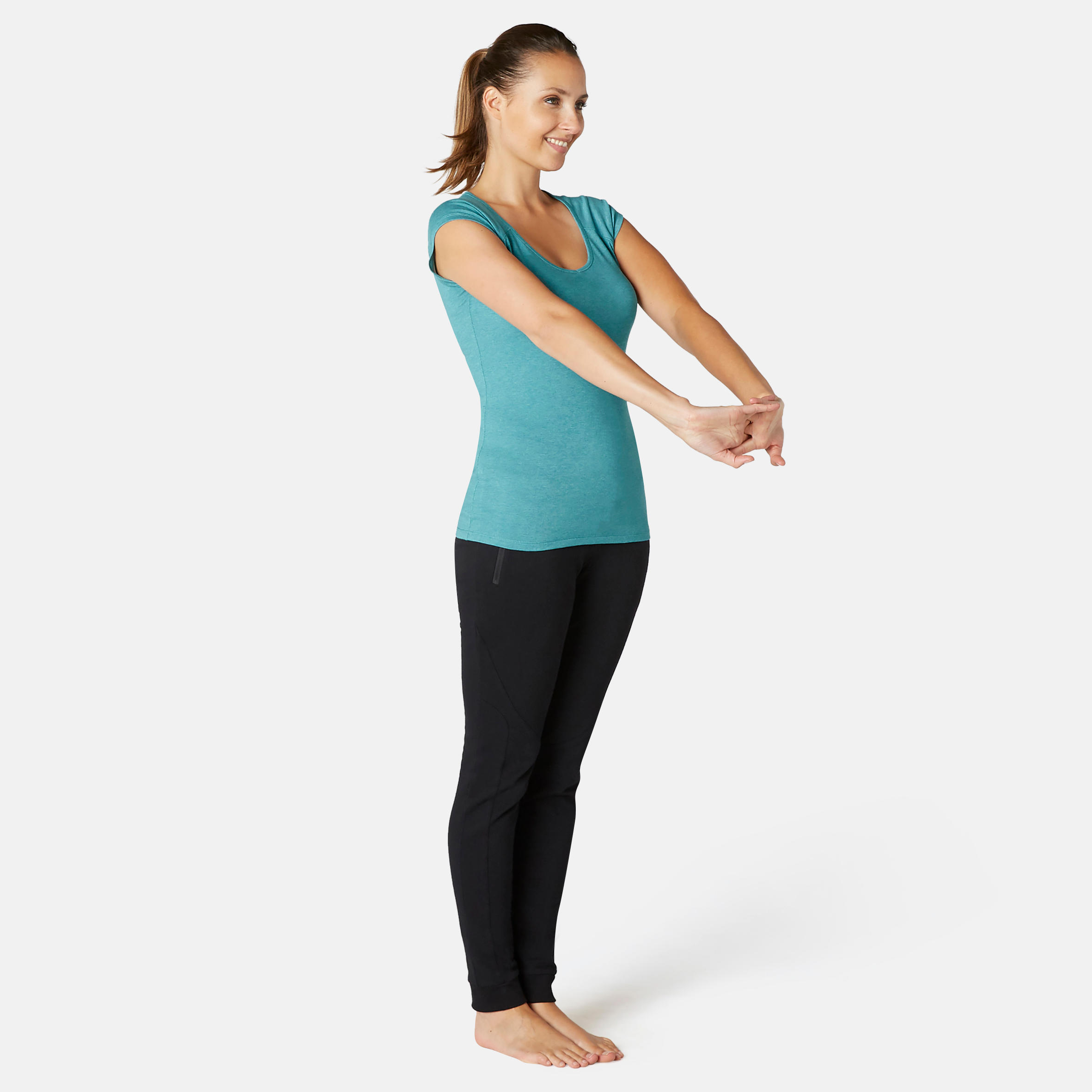 Women's Gentle Gym & Pilates Slim-Fit T-Shirt 500 - Azure 4/9