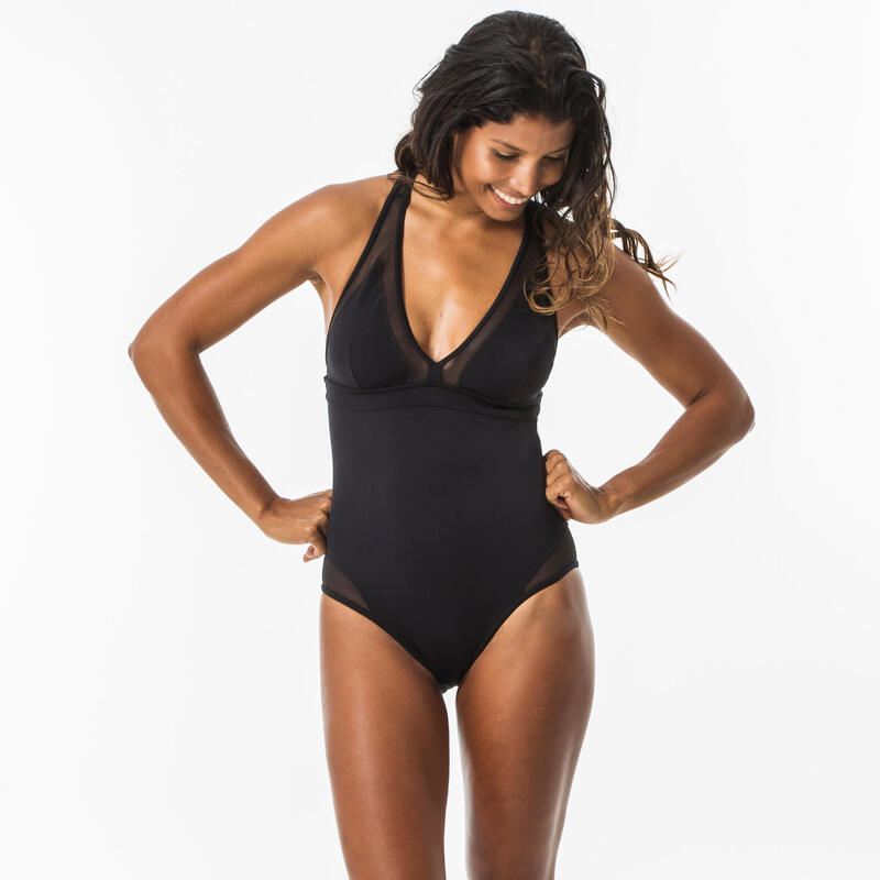 Női egyrészes keresztpántos fürdőruha szörfözéshez Isa, fekete