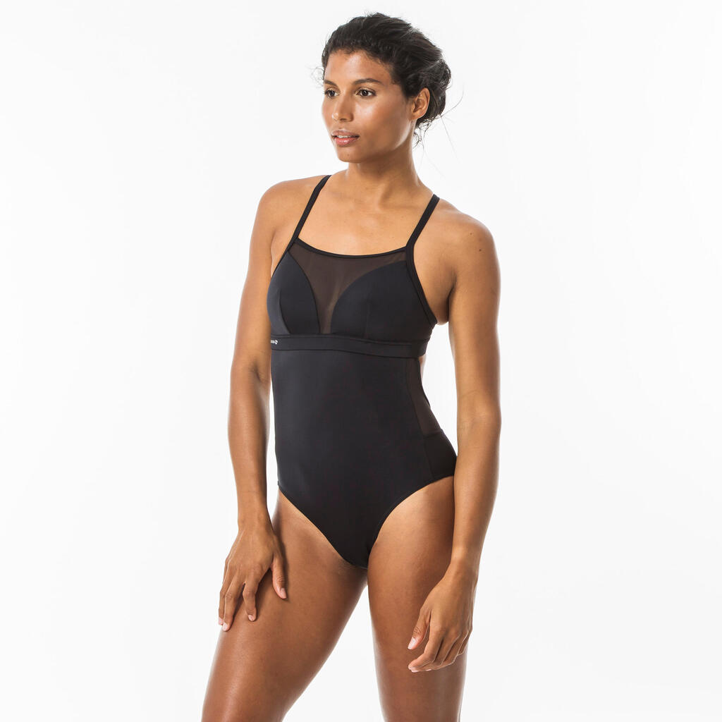 Women's 1-piece surf swimsuit with adjustable double flat ELISE BLACK