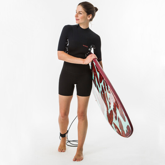 Гидрокостюм для серфинга с коротким рукавом молния сзади с принтом черный 500 AKARU Olaian