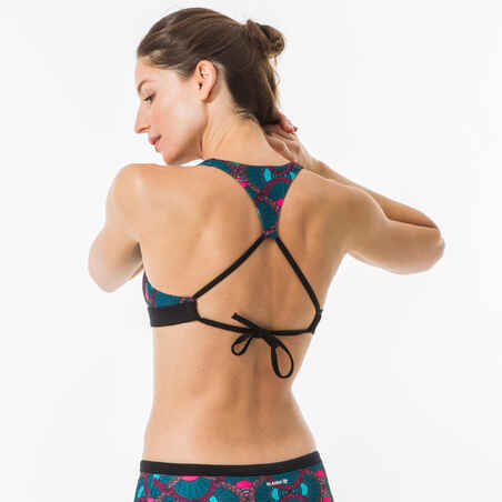 Top bikini Mujer surf deportivo espalda ajustable verde estampado