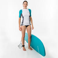 tee shirt anti uv surf top 500 manches courtes femme turquoise et blanc