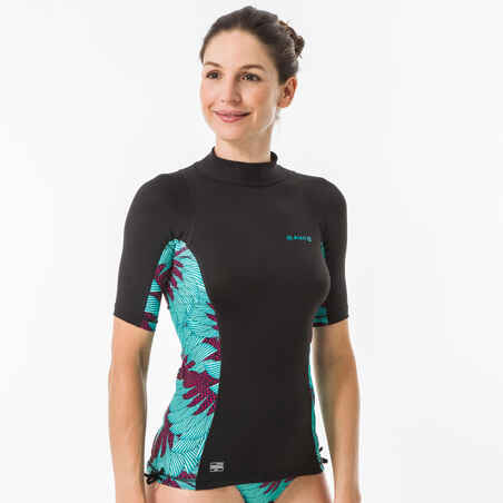 Playera de surf anti-UV de manga corta negra para mujer 500 Koga Maldivas