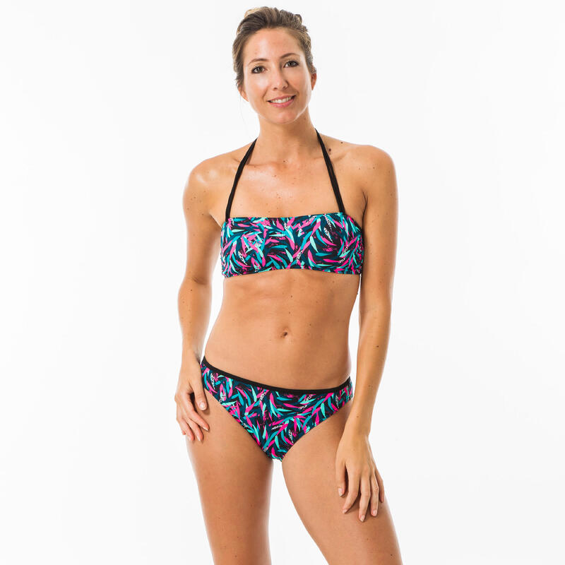Top Bikini Bandeau Surf Mujer Olaian Lori Relleno Copas Estampado Negro Azul
